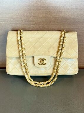 CHANEL 1991 Classic Timeless Double Flap Beige Quilted Lambskin 24k Gold Bag